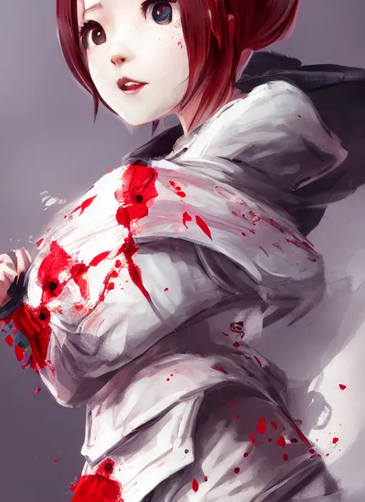 Image similar to a highly detailed illustration of short hair cute japanese girl wearing blood stained hoodie and bandages on legs, dramatic sadistic smile pose, intricate, elegant, highly detailed, centered, digital painting, artstation, concept art, smooth, sharp focus, league of legends concept art, WLOP