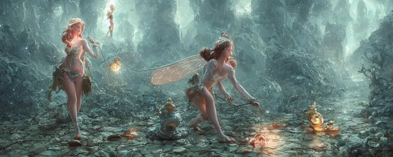 Image similar to a beautiful fairy next to a giant snail with sparkles, D&D, fantasy, intricate, cinematic lighting, highly detailed, digital painting, artstation, concept art, smooth, sharp focus, illustration, art by Terry Moore and Greg Rutkowski