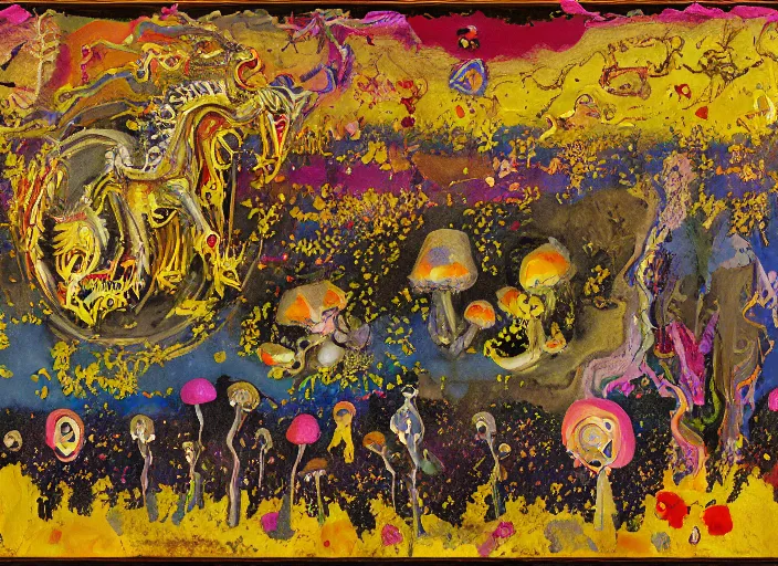 Image similar to expressionistic decollage painting golden armor alien zombie horseman riding on a crystal bone dragon broken rainbow diamond maggot horse in a blossoming meadow full of colorful mushrooms and golden foil toad blobs in a golden sunset, distant forest horizon, painted by Mark Rothko, Helen Frankenthaler, Danny Fox and Hilma af Klint, pixelated, semiabstract, color field painting, byzantine art, microsoft paint art, pop art look, naive, outsider art. Bekinski painting, part by Philip Guston and George Condo, art by Adrian Ghenie, 8k, extreme detail, intricate detail, masterpiece