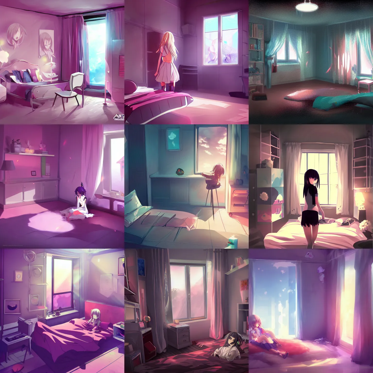 Prompt: anime background of a girl ’ s room, strong lighting, concept art, by artstation artist.