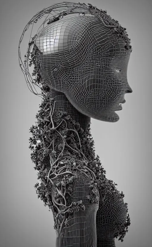 Prompt: black and white complex 3d render of a beautiful profile woman face, vegetal dragon cyborg, 150 mm, beautiful natural soft light, silver details, magnolia stems, roots, fine lace, maze like, mandelbot fractal, anatomical, facial muscles, cable wires, microchip, elegant, highly detailed, silver metalic armour, rim light, octane render, H.R. Giger style