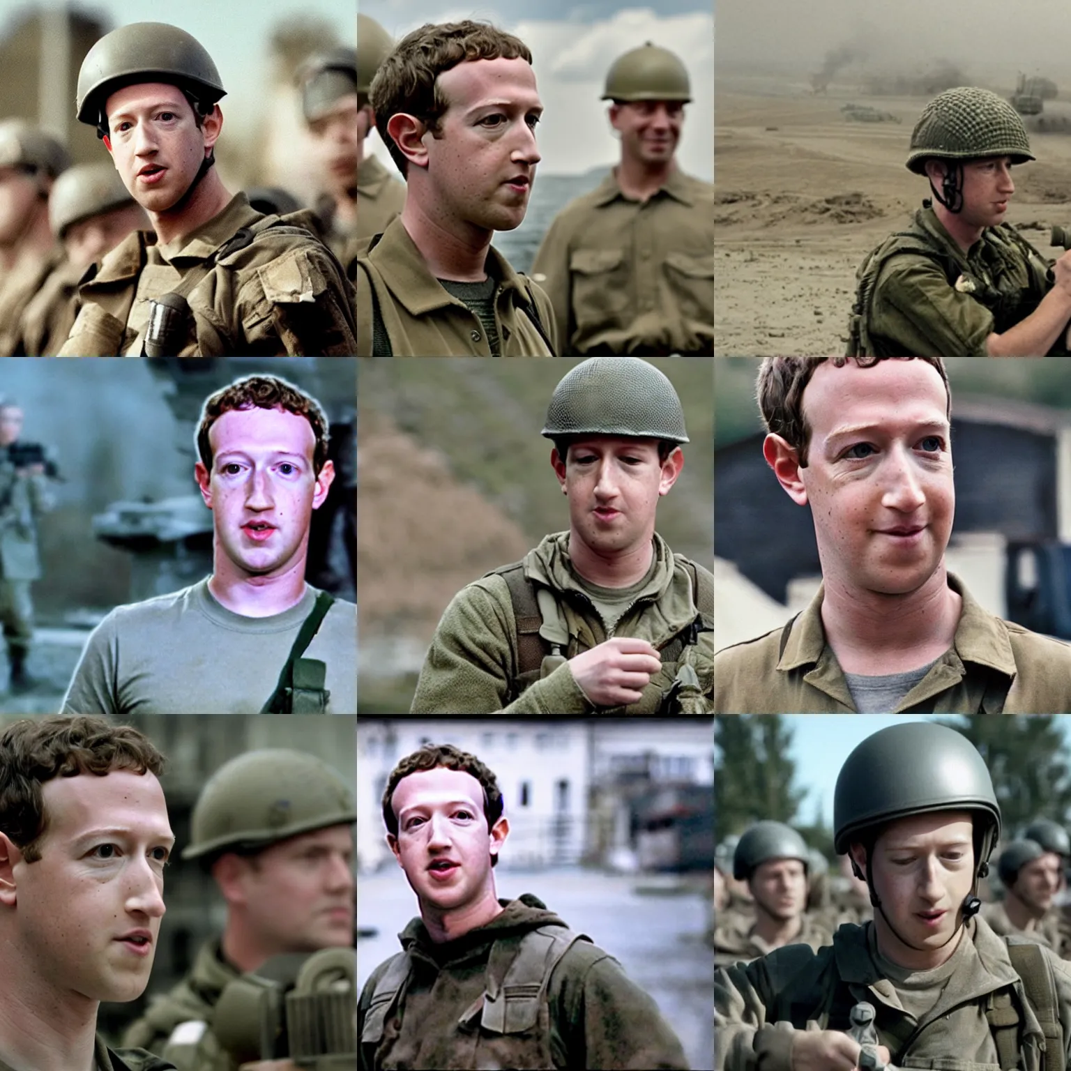 Prompt: Movie still of Mark Zuckerberg in Saving Private Ryan