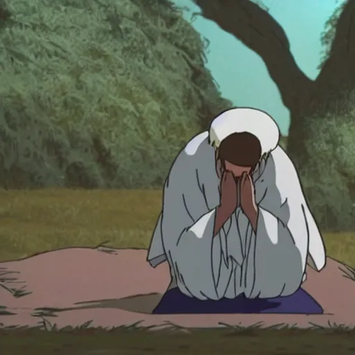 Image similar to a cell - shaded cartoon movie still from princess mononoke ( 1 9 9 7 ) of a middle eastern imam kneeling in prayer. a golden ufo is in the sky. very dull muted colors, hd, 4 k, hq