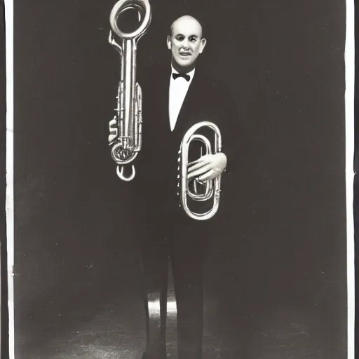 Prompt: a man standing on a stage in a suit and tie with a tuba instead of a head, photograph