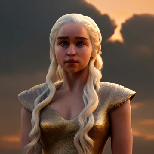 Image similar to Render of Daenerys Targaryen as a 3d Pixar character, golden hour, serene, mid-shot, medium shot, hyperdetailed, trending on Artstation, Unreal Engine 4k