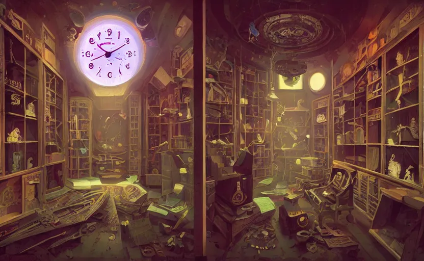 Prompt: Inside an old clock store by Petros Afshar and Beeple, James Gilleard, Mark Ryden, Wolfgang Lettl highly detailed