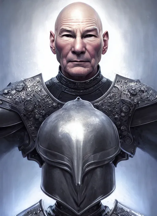 Prompt: extremely pale thin old patrick stewart in silver crown and metal armor, extremly detailed digital painting, raymond swanland, tomasz alen kopera, vibrant colors, intricate, exquisite lighting, highly detailed, rim light, cinematic lighting, art, octane render, very coherent, cinematic, 8 k, trending on artstation