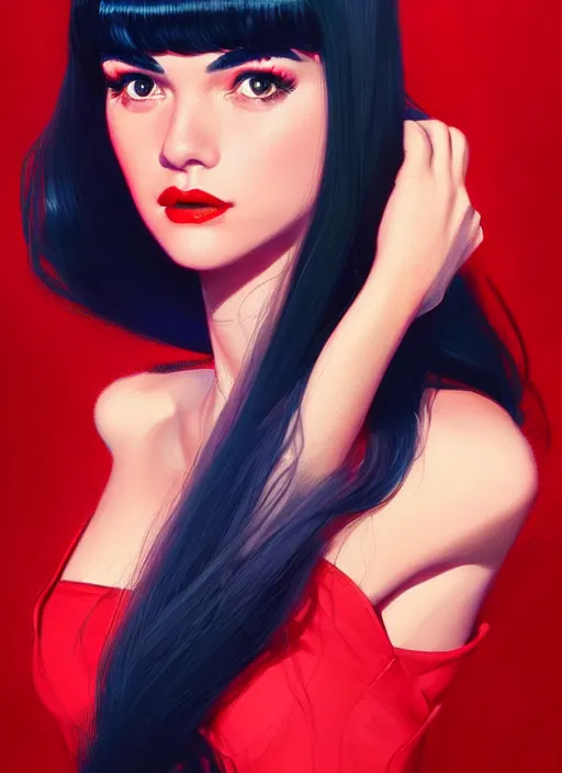 Image similar to portrait of veronica lodge with bangs, 1 9 6 0 s, long hair, red clothes, bangs, intricate, elegant, glowing lights, highly detailed, digital painting, artstation, concept art, smooth, sharp focus, illustration, art by wlop, mars ravelo and greg rutkowski