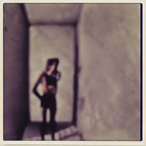 Prompt: a manaquien at the top of a dark stairwell, shadowy, abandoned, old polaroid, blurry photo, expired film,