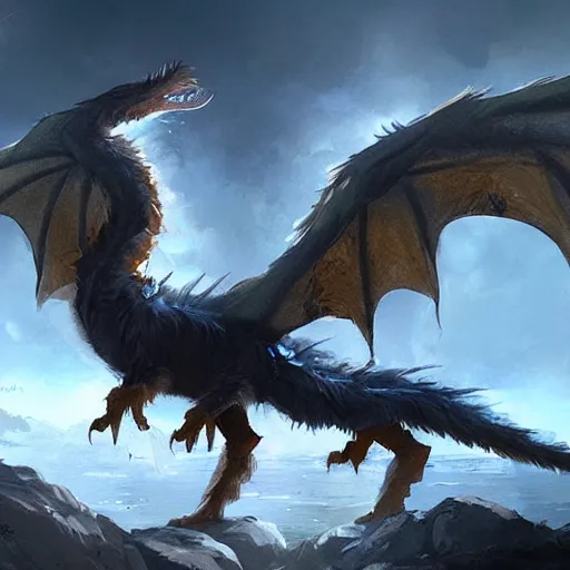 Image similar to furry fluffy feathered dragon, by greg rutkowski