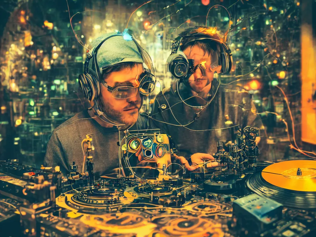 Image similar to a person wearing goggles and visor and headphones using a steampunk record player contraption, wires and tubes, turntablism dj scratching, intricate planetary gears, cinematic, imax, sharp focus, leds, bokeh, iridescent, black light, fog machine, hazy, lasers, hyper color digital art, cyberpunk