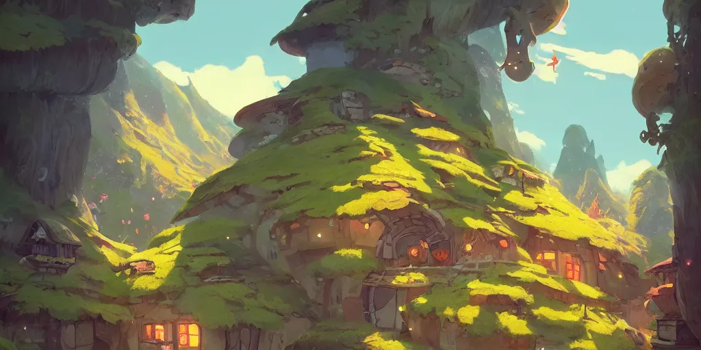 Image similar to magic hobbit mushrooms house in mountains, by cory loftis & akihiko yoshida & james gilleard & atey ghailan & makoto shinkai & goro fujita & studio ghibli, rim light, exquisite lighting, clear focus, magic atmosphere, very coherent, plain background, soft painting