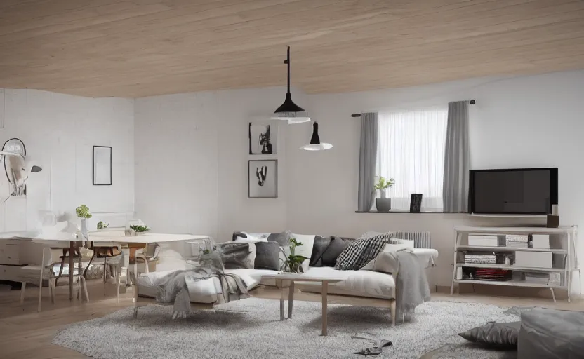 Image similar to modern scandinavian living room, bright, light wood, clean, cozy, 3 d render