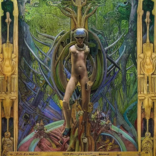 Image similar to robot seizes his forest crown, by Annie Swynnerton and Diego Rivera and Elihu Vedder, symbolist, dramatic lighting, elaborate geometric ornament, tattoos, Art Brut, soft cool colors,smooth, sharp focus, extremely detailed, Adolf Wölfli and Donato Giancola