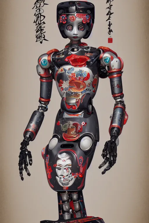 Image similar to full body portrait of a Japanese robot geisha with kanji tattoos and decals, intricate, octane render, ultra fine detailed, character design, trending on artstation