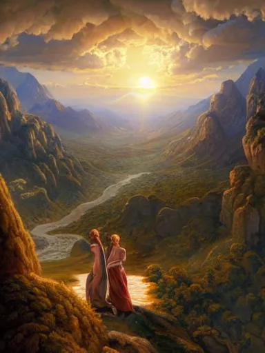 Prompt: adam and eve being tempted by the serpent. an angel looking from the clouds. the sun and mountains on the background. intricate, elegant, highly detailed, digital painting, artstation, concept art, sharp focus, illustration, by justin gerard and artgerm, 8 k