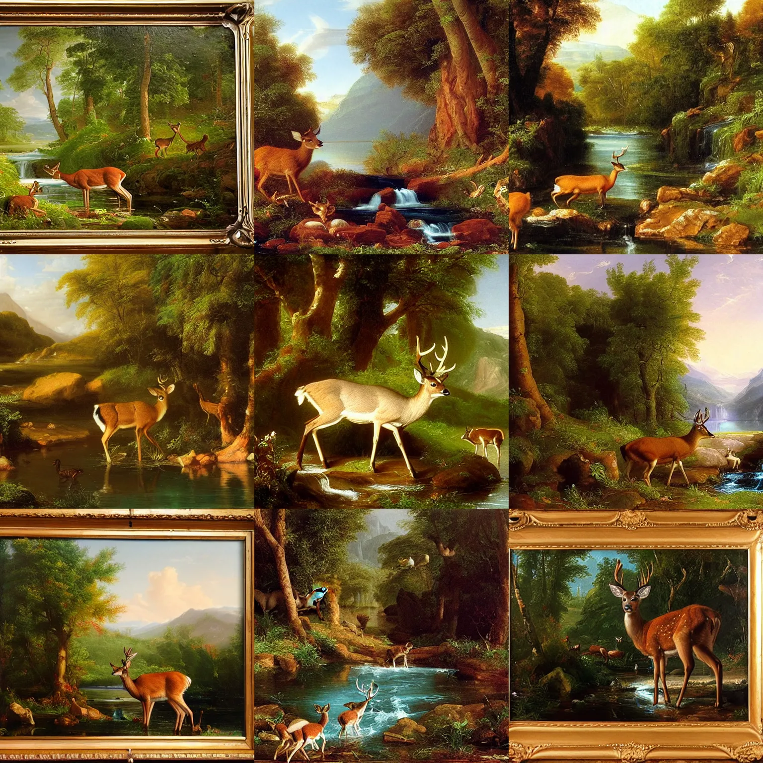 Image similar to a deer comes to drink from the stream. the deer is a metaphor for innocence. it is pure and untouched by the harshness of the world. it is gentle and fragile. an oil painting by thomas cole