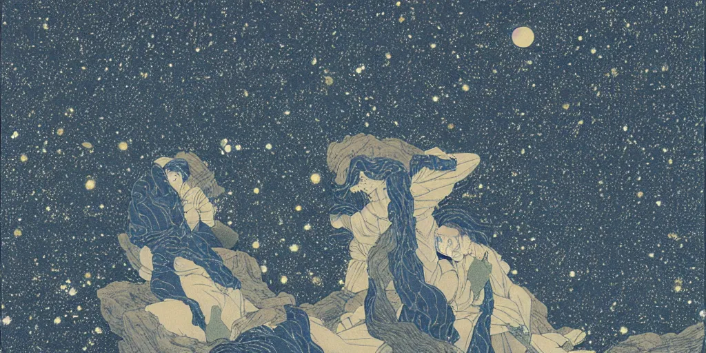 Image similar to stunning cold mountain landscape with sky full of galaxies by takato yamamoto