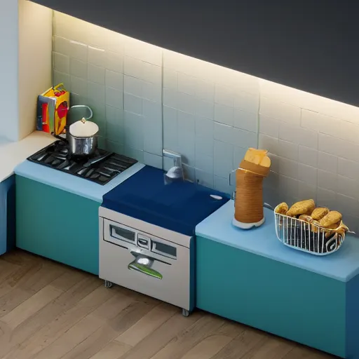 Image similar to isometric minimalistic chubby kitchen with pepe the frog and trashcans, cinema 4 d, 1 0 0 mm, blue color scheme depth of field, octane render, studio lighting