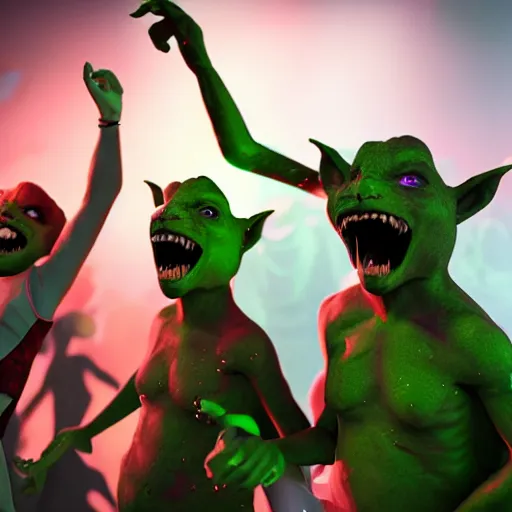 Prompt: goblins partying at a rave, green skin, octane render, 8 k, fantasy