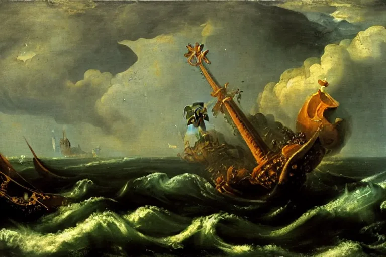 Prompt: A Kraken attacks a ship, Claude Lorrain (1648), oil on canvas, detailed brushstrokes