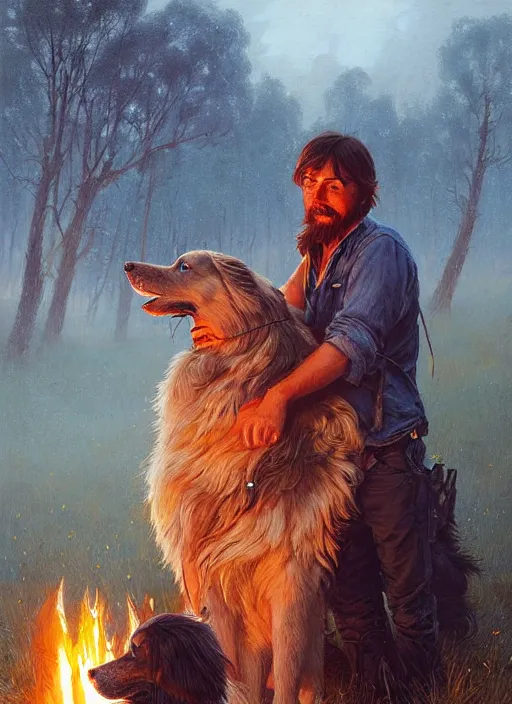 Prompt: highly detailed portrait of long - haired hillbilly around a bonfire with his fluffy australian shepherd, stephen bliss, art by greg rutkowski, loish, rhads, ferdinand knab, makoto shinkai and lois van baarle, artgerm, pixar, ilya kuvshinov, rossdraws, tom bagshaw, global illumination