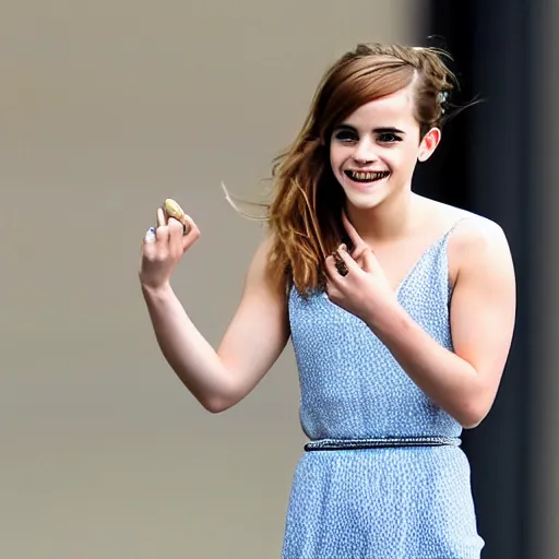 Image similar to A photo of laugh emma watson showing wedding ring on his finger. 50 mm. perfect ring. award winning photography