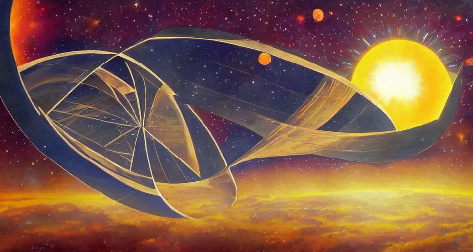 Prompt: giant solar sail, floating in space between the sun and earth, art deco painting