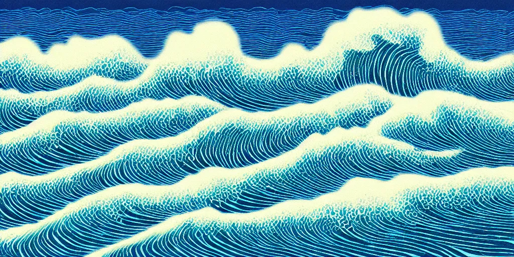 Image similar to clouds and waves, An aesthetically pleasing, dynamic, energetic, lively, complex, intricate, detailed, well-designed digital art of a beach, ripples, waves, sea foam, light and shadow, overlaid with aizome patterns, Shin-hanga by Bob Ross, traditional Japanese colors, superior quality, masterpiece, featured, trending, award winning, HDR, HD, UHD, 4K, 8K, anamorphic widescreen