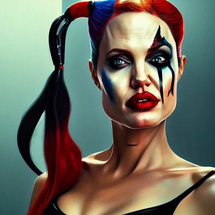 Image similar to portrait of Angelina Jolie as a harley quinn. intricate abstract. intricate artwork. by Tooth Wu, wlop, beeple, dan mumford. octane render, trending on artstation, greg rutkowski very coherent symmetrical artwork. cinematic, hyper realism, high detail, octane render, 8k, iridescent accents