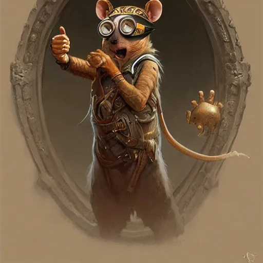 Prompt: anthropomorphic rat with goggles on his forehead giving a thumbs up D&D, fantasy, intricate, elegant, highly detailed, digital painting, artstation, concept art, smooth, sharp focus, illustration, art by artgerm and greg rutkowski and alphonse mucha