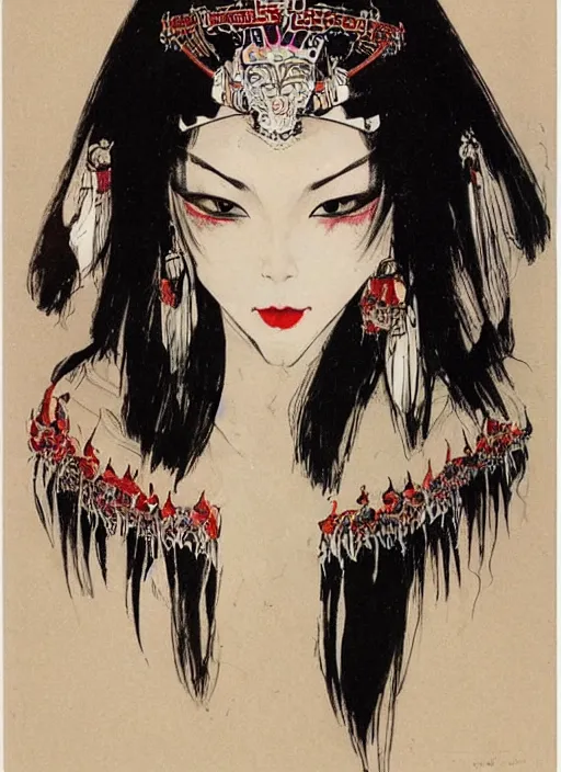 Image similar to female korean vampiress, jeweled headdress, heavy mascara, strong line, saturated color, beautiful! coherent! by frank frazetta, high contrast, minimalism