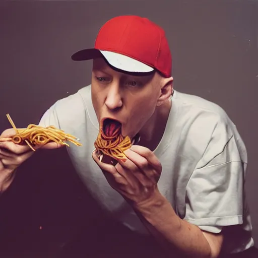 Image similar to eminem eating mom's spaghetti, studio photography