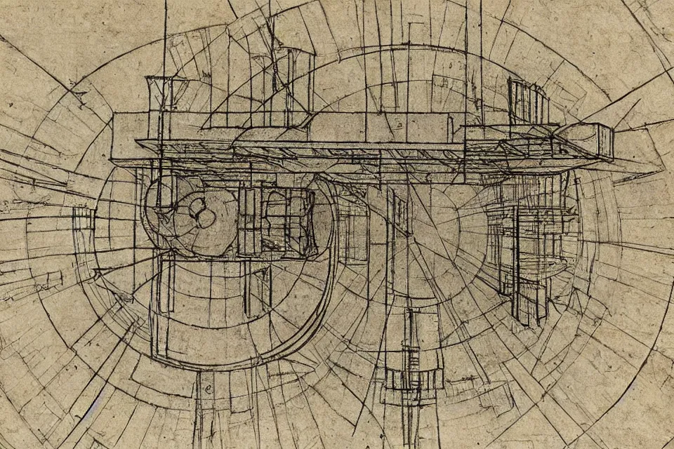 Image similar to construction drawing of a space station by leonardo da vinci