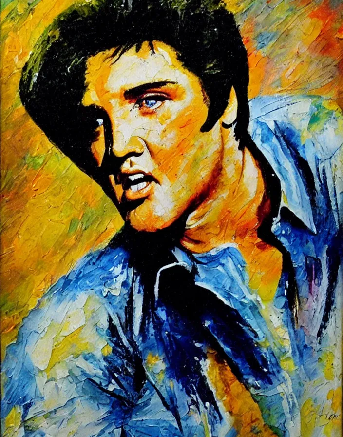 Prompt: Elvis Presley painted in the style of the old masters, painterly, thick heavy impasto, expressive impressionist style, painted with a palette knife