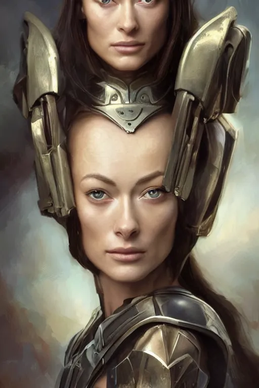 Image similar to a professional painting of a young Olivia Wilde, clothes in military armor, olive skin, long dark hair, beautiful bone structure, symmetrical facial features, intricate, elegant, digital painting, concept art, smooth, sharp focus, illustration, from StarCraft by Ruan Jia and Mandy Jurgens and Artgerm and William-Adolphe Bouguerea