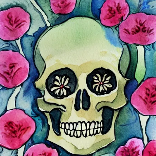 Prompt: skeleton surrounded by flowers, watercolor