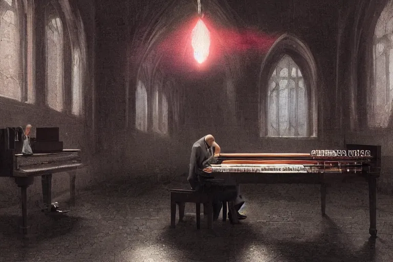 Image similar to an expressive portrait of agent 4 7 playing the piano in a monastery, dark background, red rim light, digital art, artstation, concept art by giger stalenhag