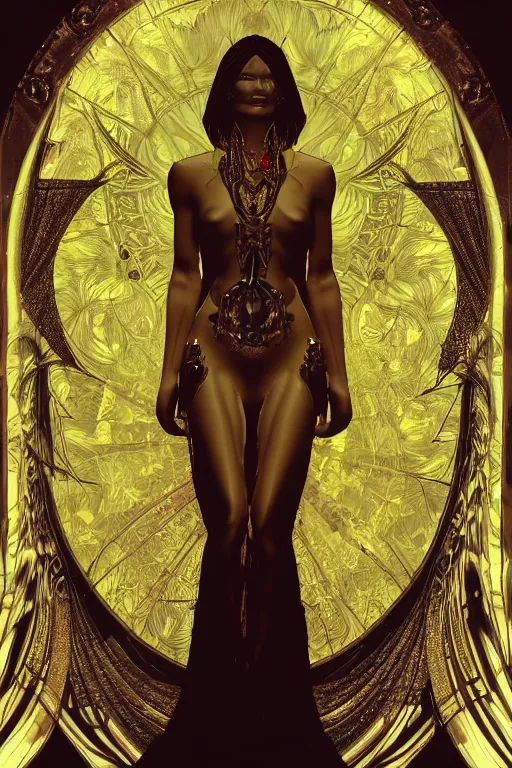 Image similar to a realistic dark photo of a beautiful ancient alien woman goddess kate moss in jewelery and fractals in style of alphonse mucha art nuvo dmt trending on artstation made in unreal engine 4