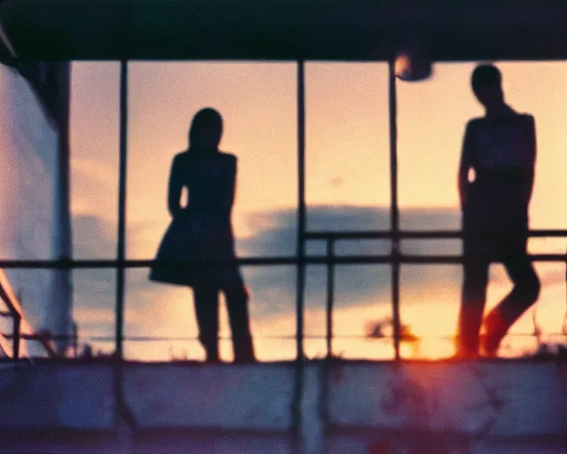 Image similar to lomo photo of pair standing on small hrushevka balcony full with cigarette smoke in small russian town looking at sunset, cinestill, bokeh