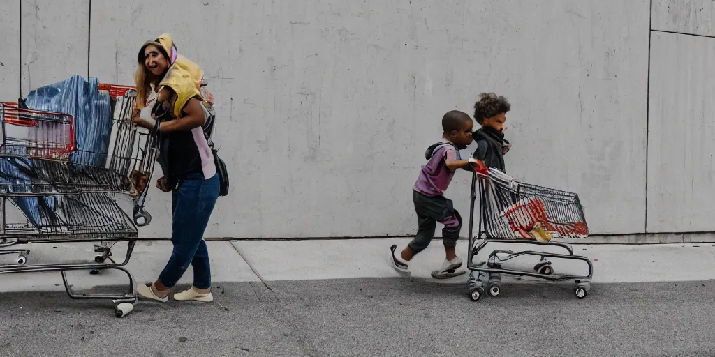 Image similar to homeless mother pushing a shopping cart with a child riding in it, in front of a blank wall