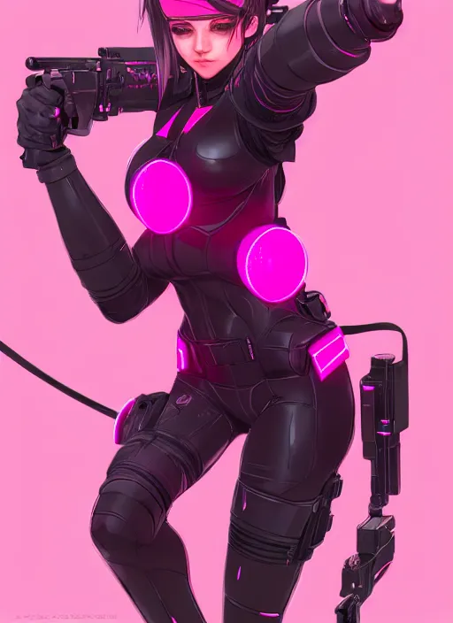 Prompt: female boss, wide angle view, neon pink and black color scheme, highly detailed, artgerm, cushart krenz, metal gear solid style, trending on artstation, soft light, sharp focus, illustration, character design, concept art