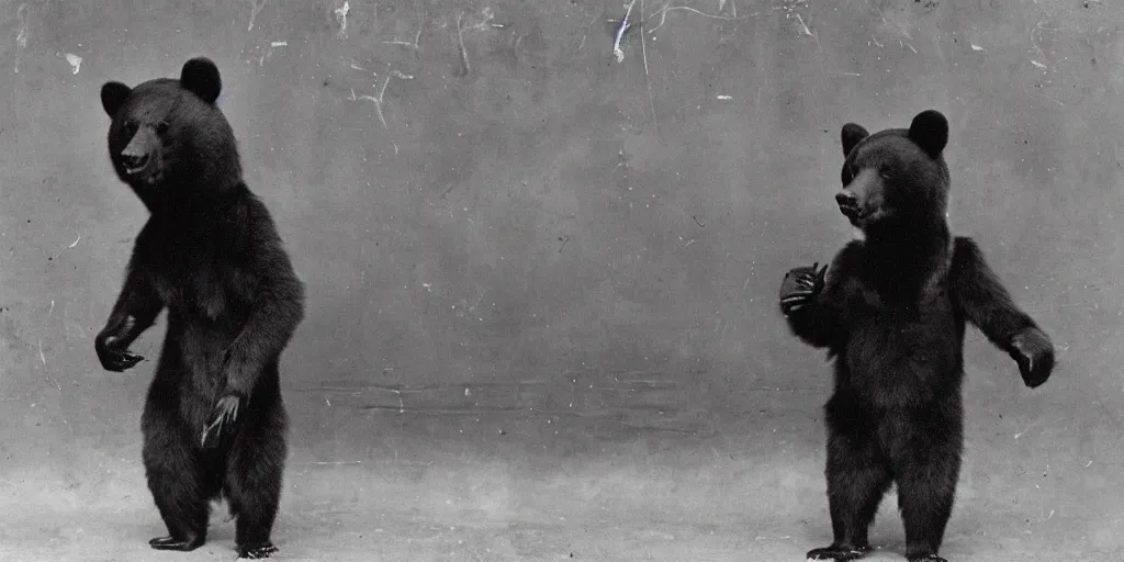 Image similar to anthropomorphic asian black bear in cosplay, 1900s photo