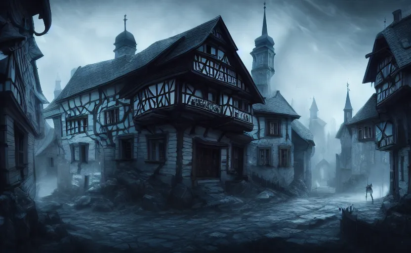 Image similar to extreme long shot concept art depicted old austrian enchanted town, dramatic mood, overcast mood, dark fantasy environment, league of legends, arcane, trending on artstation, unreal engine, golden ratio, spectacular composition, realistic architecture