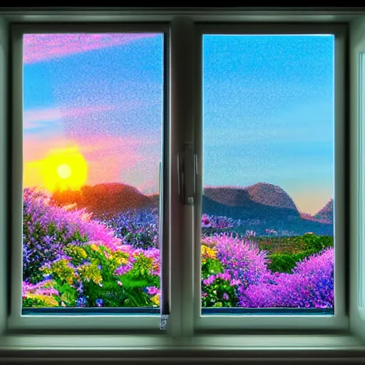 Prompt: Window View of Heavenly Beautiful Scenery with iridescent towers castles of light Highly detailed Trees Gardens flowers in bloom birds clouds sunset holographic metallic prismatic reflections metallic hummingbirds Depth of field HDR 8K