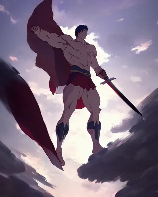 Prompt: powerful muscular warrior with a greatsword and wearing plate armor and a cape, dramatic action pose, square masculine jaw, short messy hair, trending on pixiv fanbox, by greg rutkowski makoto shinkai takashi takeuchi studio ghibli, akihiko yoshida