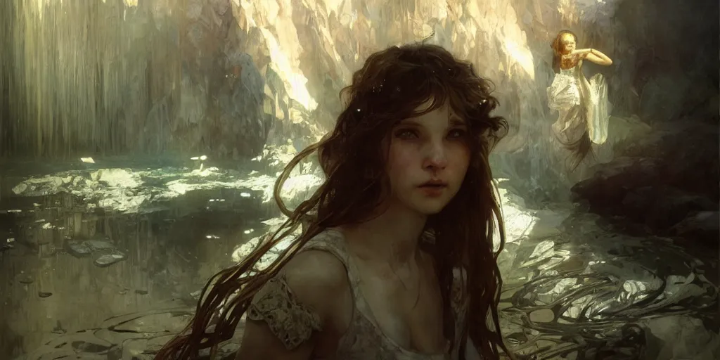 Image similar to young girl, afraid of a polar bear in the background, art of elysium by jeremy mann and alphonse mucha, fantasy art, photo realistic, dynamic lighting, artstation, poster, volumetric lighting, very detailed face, 8 k, award winning