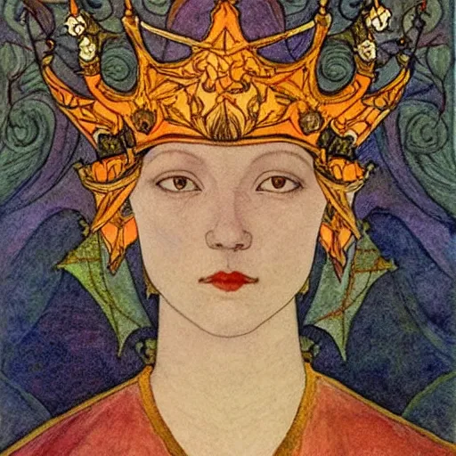 Image similar to the lantern crown, by Annie Swynnerton and Nicholas Roerich and (Edmund Dulac), embroidered brocade, tattoos, elaborate costume, geometric ornament, symbolist, rich colors, dramatic lighting, smooth, sharp focus, extremely detailed