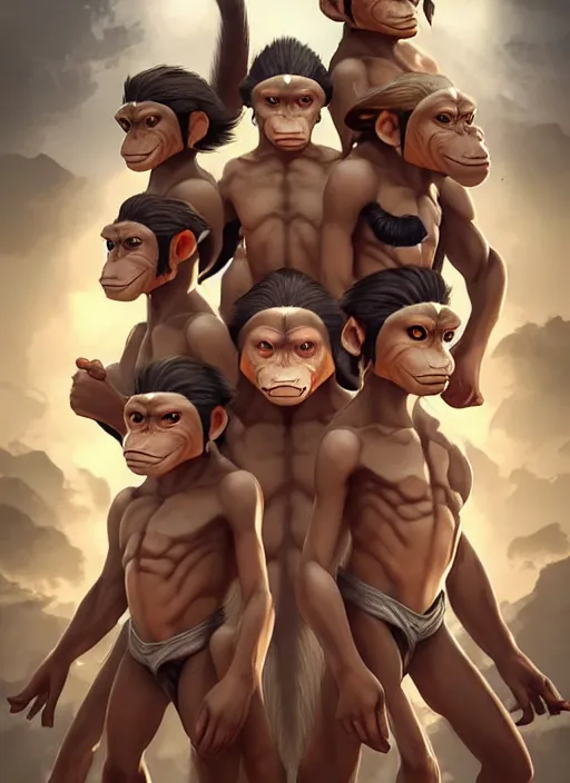 Image similar to of group of ape kids with super powers getting ready for battle against the heavens, symmetrical, perfect face anatomy, establishing cinematic movie scene of a cinematic scene!, intricate, elegant, highly detailed, lotus flower, artstation, art by artgerm, anime, stylish, concept art, smooth, sharp focus, wlop