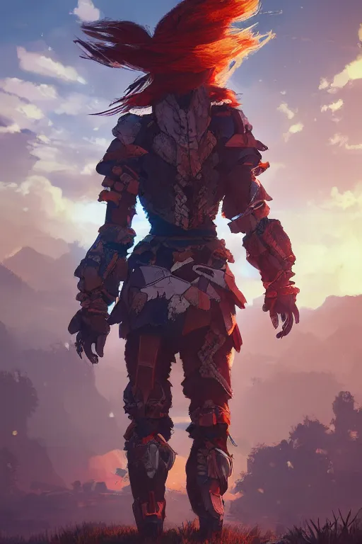 Image similar to combination suit armor aloy horizon forbidden west horizon zero dawn radiating a glowing aura global illumination ray tracing hdr fanart arstation by ian pesty and alena aenami artworks in 4 k tribal robot ninja mask helmet backpack